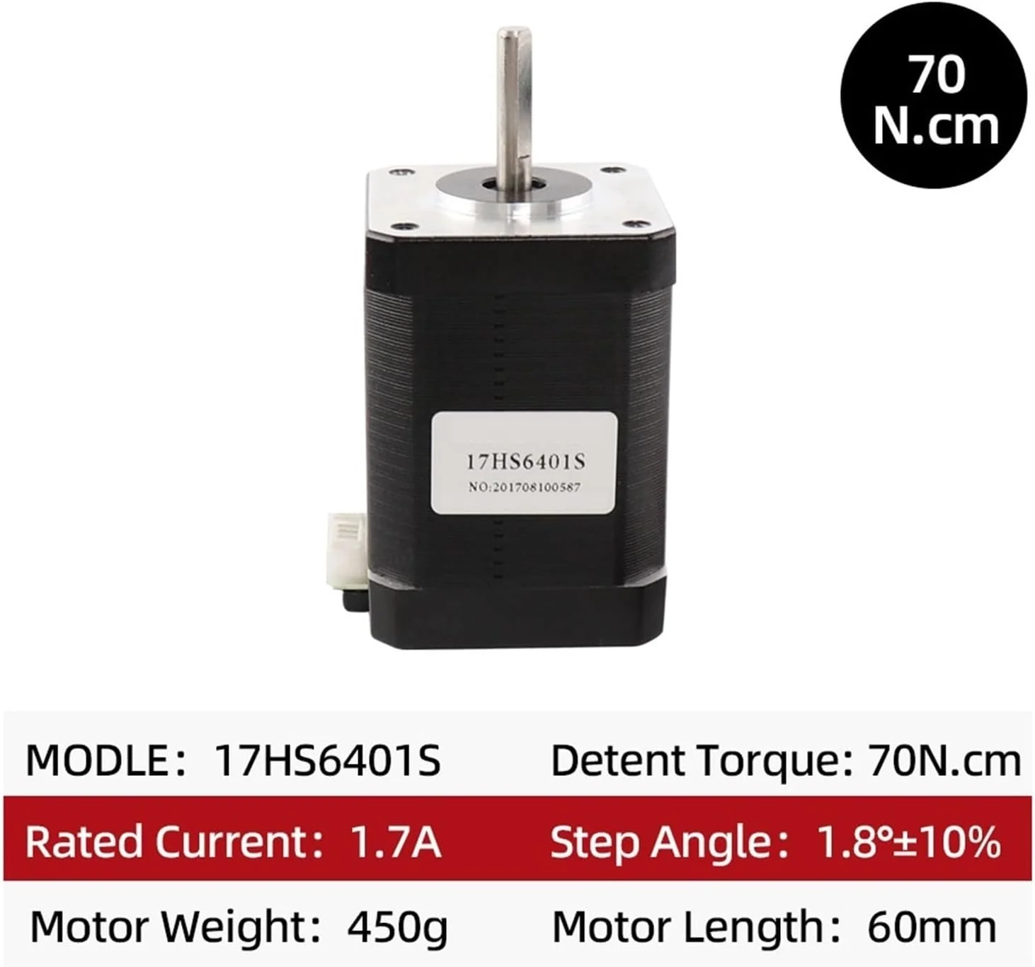 یک عدد موتور پله ای هیبریدی دو فاز 42، 60 میلی متر، 1.7 آمپر، 70N.CM، 4 سیم 17HS6401S برای موتور پرینتر سه بعدی 17