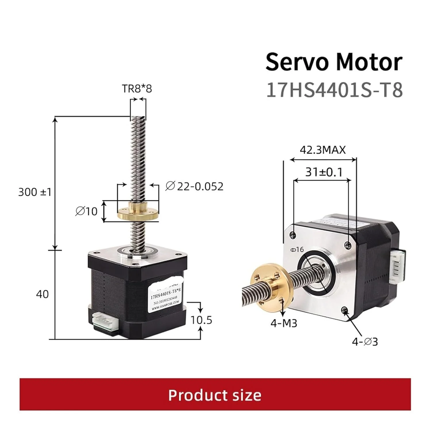 موتور پله‌ای 17HS4401S-T8 با پیچ سربی T8، 2/4/8 میلی‌متر، موتور 42، 42BYGH، موتور پرینتر سه بعدی با پیچ برای پرینتر سه بعدی، 1 عدد (17HS4401S-T8x4-300mm)