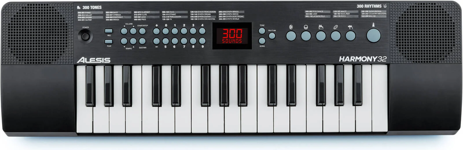 کیبورد قابل حمل Alesis Harmony 32، دارای 32 کلید کوچک، 300 صدا، 300 ریتم، 40 آهنگ دمو، بلندگوهای داخلی، USB-MIDI، جک هدفون، تغذیه با باتری یا USB | Harmony-32