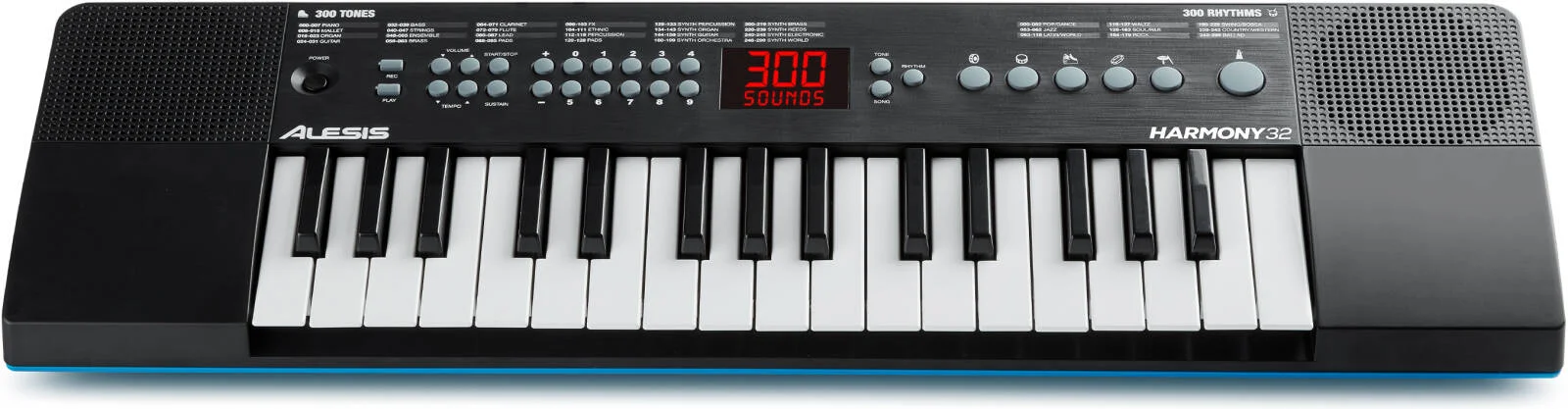 کیبورد قابل حمل Alesis Harmony 32، دارای 32 کلید کوچک، 300 صدا، 300 ریتم، 40 آهنگ دمو، بلندگوهای داخلی، USB-MIDI، جک هدفون، تغذیه با باتری یا USB | Harmony-32