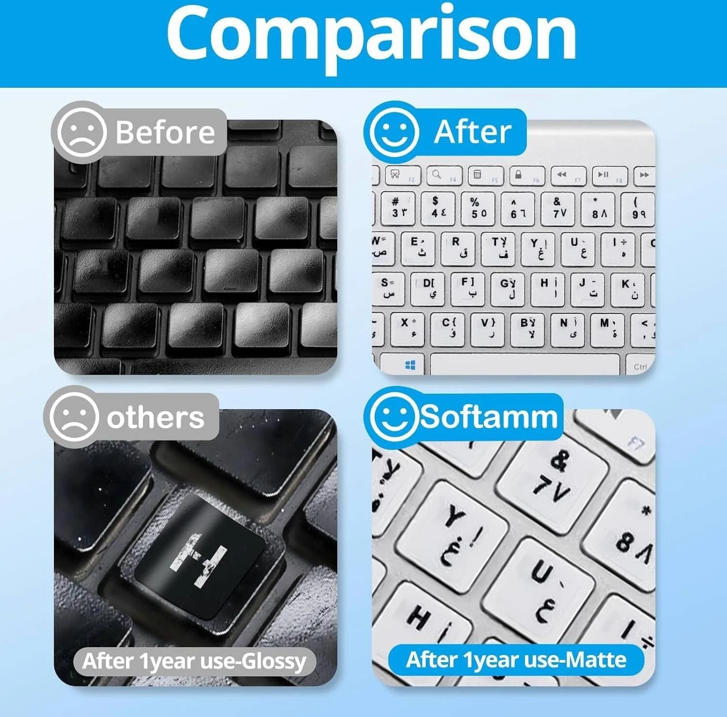 برچسب های صفحه کلید عربی جایگزین جهانی Sumaswit، (2 سفید + 2 مشکی)، پس زمینه مشکی با حروف سفید برای کامپیوتر لپ تاپ نوت بوک دسکتاپ، 4 عدد | KB-STICKER-ARABIC-SM