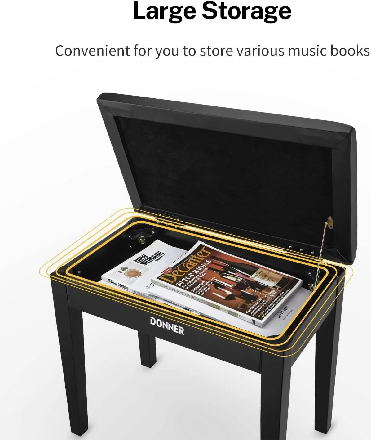 نیمکت پیانو Donner EC2044 با روکش چرمی مصنوعی نرم و محفظه بزرگ ذخیره سازی داخلی، طراحی پایدار برای پیانوهای دیجیتال، پیانوهای آکوستیک و کیبورد، مشکی | EC2014/EC2044