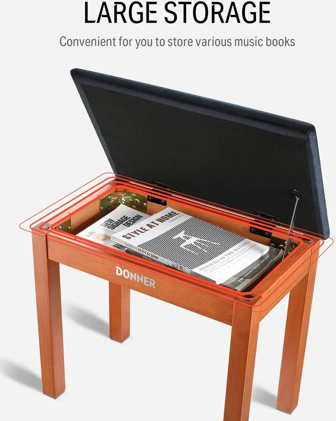 صندلی نیمکتی پیانو Donner EC2088 چوبی سخت و محکم با فضای ذخیره سازی بزرگ، نیمکت پیانوی چوبی محکم صندلی کتابخانه ای با کوسن جیر متراکم، رنگ چوب | EC2088 صندلی نیمکتی پیانو Donner EC2088 چوبی سخت و محکم با فضای ذخیره سازی بزرگ، نیمکت پیانوی چوبی محکم صندلی کتابخانه ای با کوسن جیر متراکم، رنگ چوب | EC2088