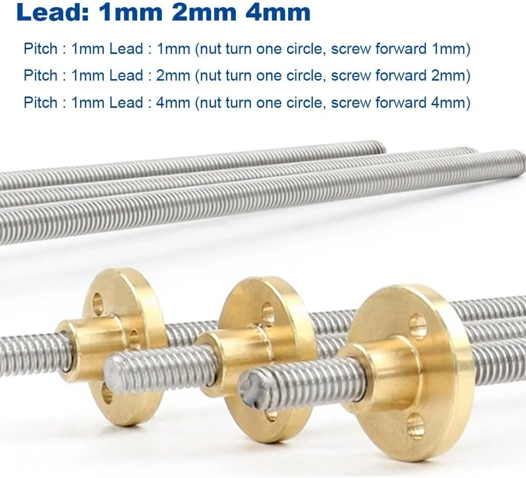 یک عدد پیچ سربی مینیاتوری T5، گام 1 میلی‌متر، لید 4 میلی‌متر، پیچ ذوزنقه‌ای فولاد ضد زنگ 304 برای لوازم جانبی پرینتر سه بعدی و موتور پله‌ای (800 میلی‌متر)
