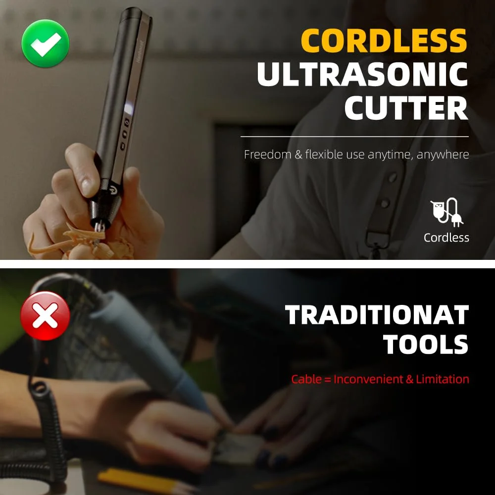برش دهنده التراسونیک با باتری داخلی، چاقوی التراسونیک بی سیم با 40000 ارتعاش، ابزار برش صنایع دستی با چراغ LED برای مدل های چاپ سه بعدی، صابون سازی، پی وی سی، چرم، پلاستیک، چوب و فوم