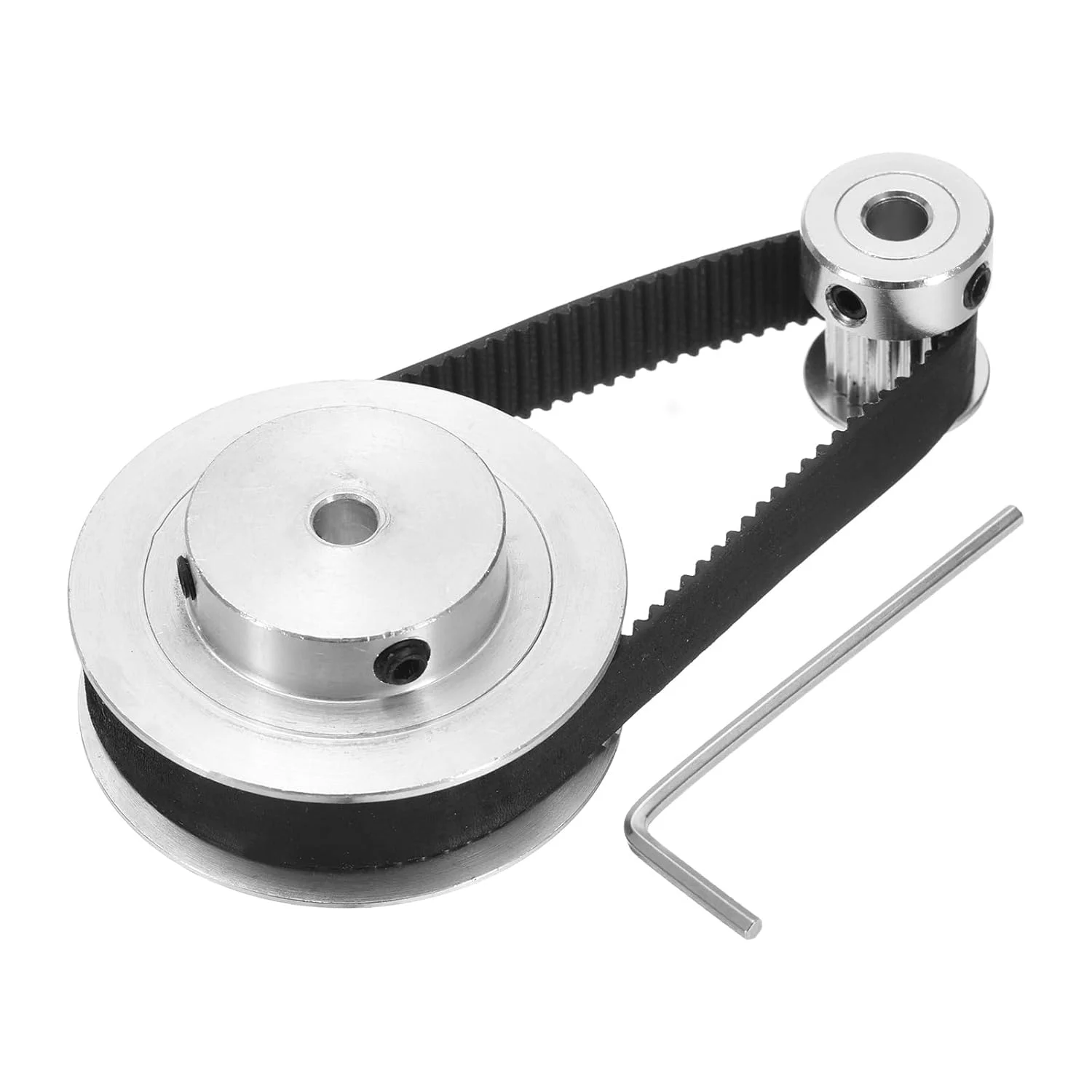 چرخ دنده همزمان GT-2، 20 و 60 دندانه، سوراخ 5 میلی‌متری، چرخ قرقره تایمینگ آلیاژ آلومینیوم با 1 عدد تسمه به طول 200 میلی‌متر و عرض 10 میلی‌متر برای پرینتر سه بعدی، دستگاه CNC (20-60T-5B-10)