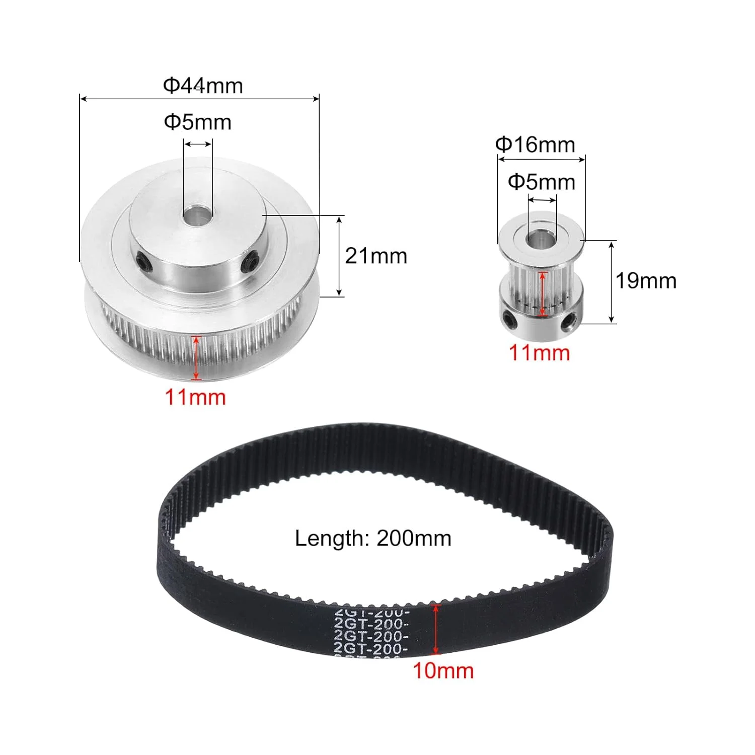 چرخ دنده همزمان GT-2، 20 و 60 دندانه، سوراخ 5 میلی‌متری، چرخ قرقره تایمینگ آلیاژ آلومینیوم با 1 عدد تسمه به طول 200 میلی‌متر و عرض 10 میلی‌متر برای پرینتر سه بعدی، دستگاه CNC (20-60T-5B-10)