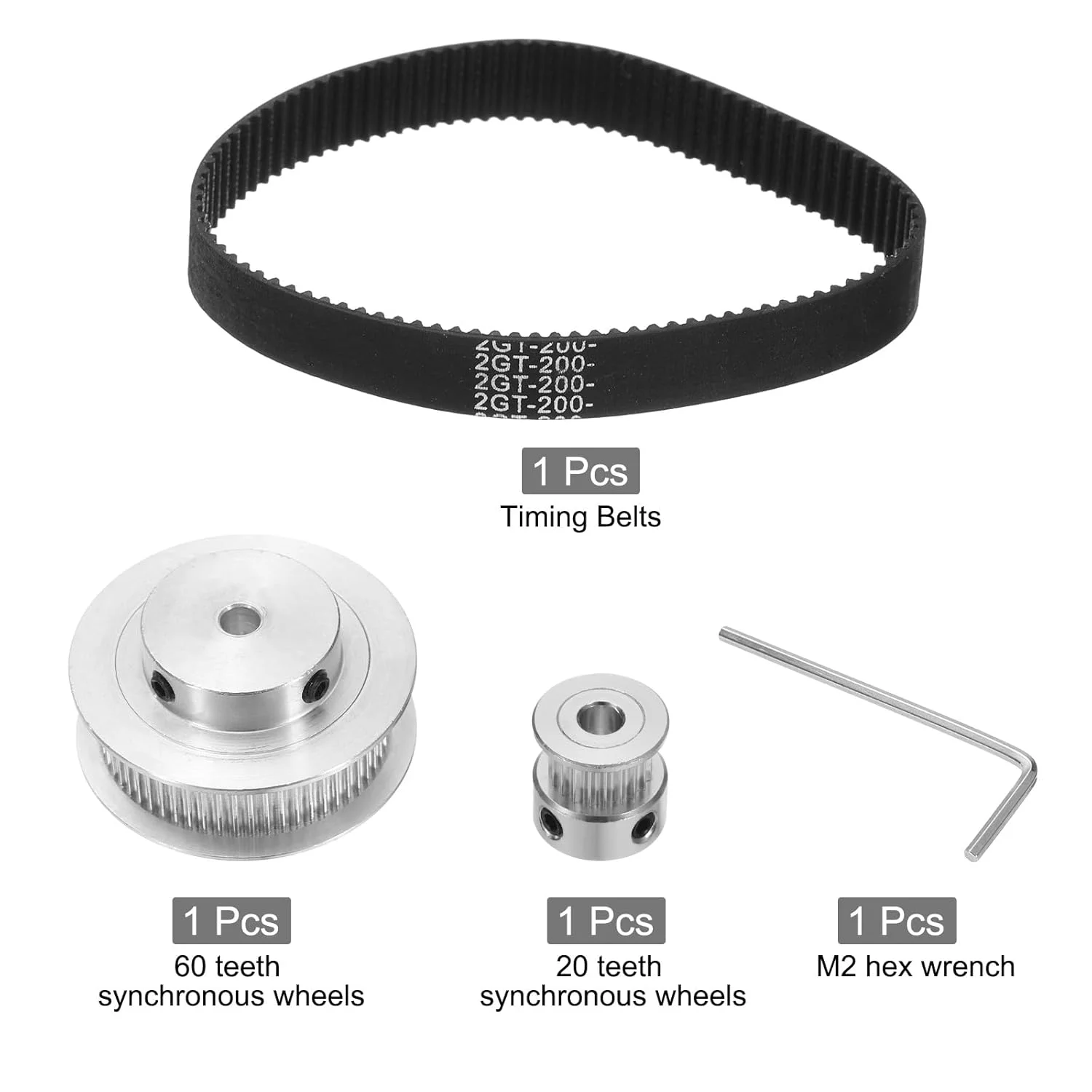 چرخ دنده همزمان GT-2، 20 و 60 دندانه، سوراخ 5 میلی‌متری، چرخ قرقره تایمینگ آلیاژ آلومینیوم با 1 عدد تسمه به طول 200 میلی‌متر و عرض 10 میلی‌متر برای پرینتر سه بعدی، دستگاه CNC (20-60T-5B-10)