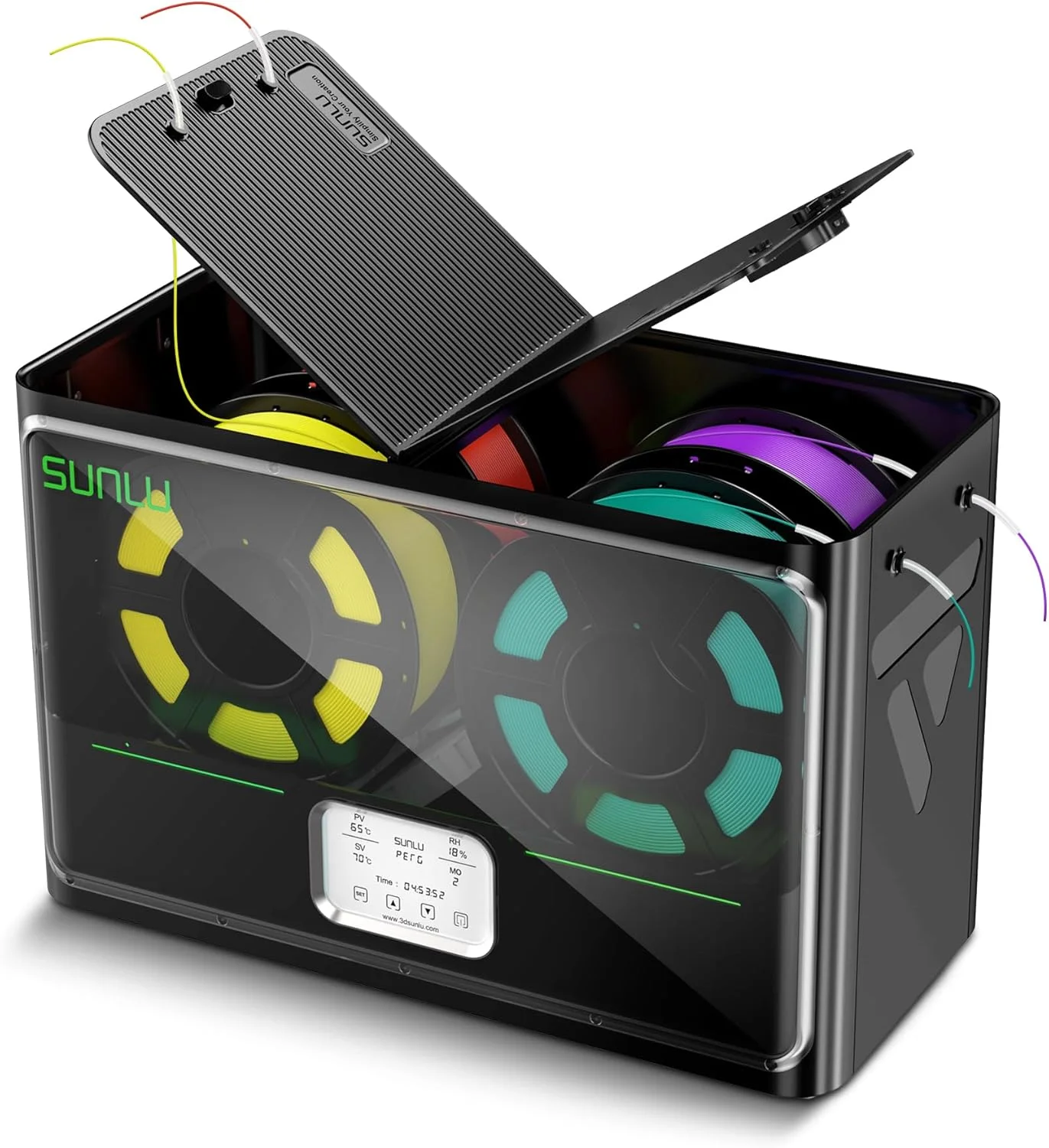 خشک کن فیلامنت پرینتر سه بعدی رسمی سانلو S4، ظرفیت 4 قرقره، 3 فن گردش هوا، هیتر PTC 350 واتی، حداکثر دمای 70 درجه سانتیگراد، حالت ذخیره انرژی، جعبه خشک کن فیلامنت نایلون TPU PLA PETG ABS، مشکی