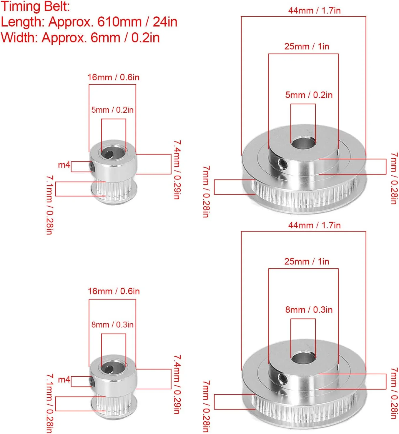 دو عدد چرخ دنده همزمان GT-2، چرخ دنده همزمان 20 و 60 دندانه با 2 عدد تسمه عرض 6 میلی متری، برای پرینتر سه بعدی و دستگاه CNC (20 دندانه 5 میلی متری به علاوه 60 دندانه 8 میلی متری)