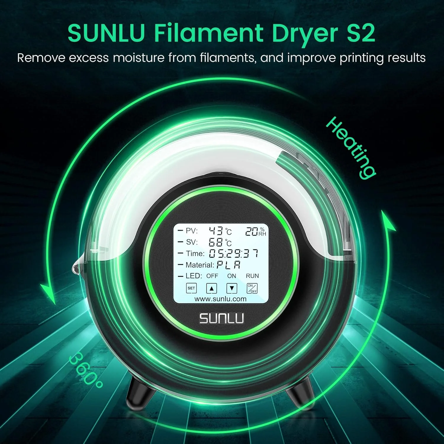 خشک کن فیلامنت رسمی SUNLU S2، حداکثر دمای 70 درجه سانتیگراد، فن گردش داخلی، جعبه نگهداری فیلامنت پرینتر سه بعدی، خشک کننده فیلامنت نایلون TPU PLA PETG ABS (مشکی)