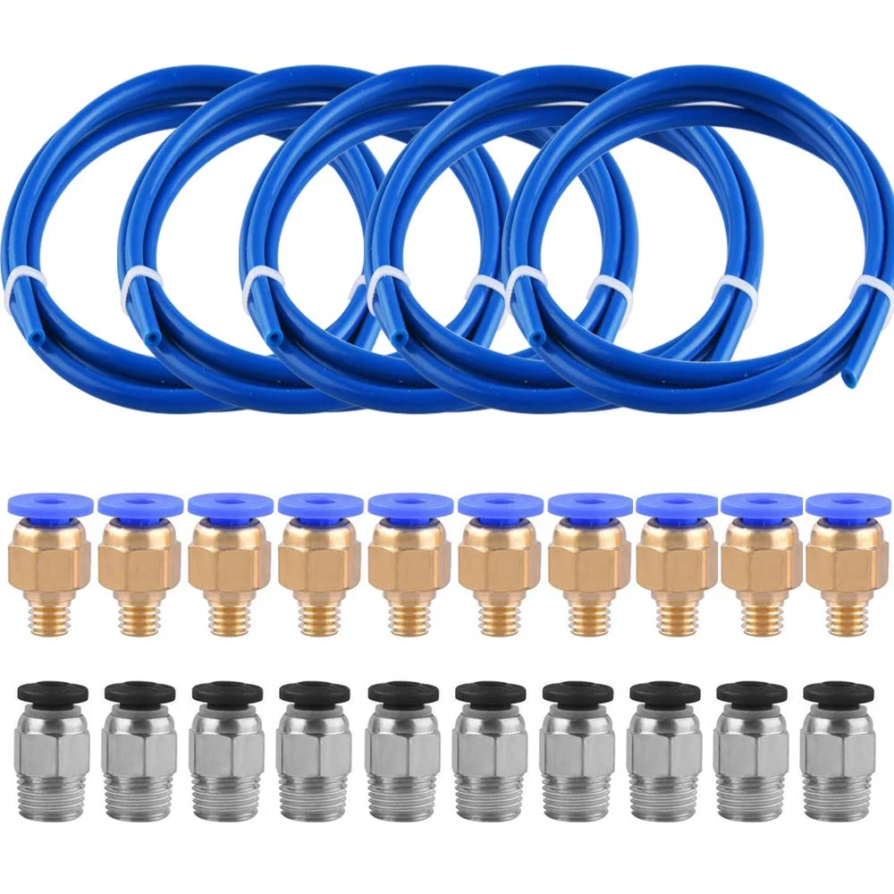لوله تفلون SIQUK، 5 عدد لوله PTFE آبی (1 متری) با 10 عدد اتصالات PC4-M6 و 10 عدد اتصال PC4-M10 برای پرینتر سه بعدی فیلامنت 1.75 میلی متری