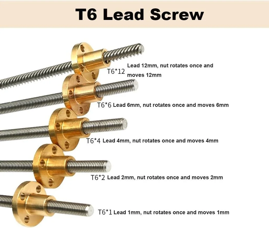 پیچ لید T6، پیچ ذوزنقه‌ای فولاد ضد زنگ با مهره مسی، گام 1mm/2mm لید 1mm/2mm/4mm/6mm/12mm میله ذوزنقه‌ای پرینتر سه بعدی، 1 عدد (رنگ: گام 2 لید 12mm، اندازه: 500mm)(گام 2 لید 12mm,P