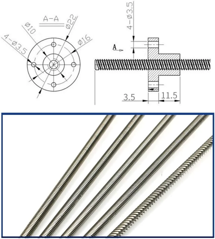 پیچ لید T6، پیچ ذوزنقه‌ای فولاد ضد زنگ با مهره مسی، گام 1mm/2mm لید 1mm/2mm/4mm/6mm/12mm میله ذوزنقه‌ای پرینتر سه بعدی، 1 عدد (رنگ: گام 2 لید 12mm، اندازه: 500mm)(گام 2 لید 12mm,P
