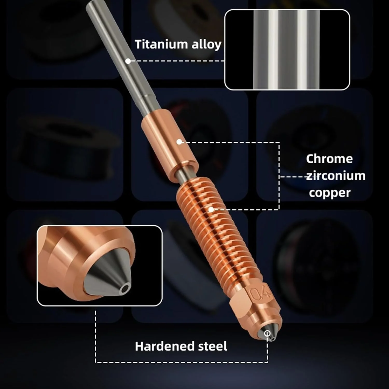 مجموعه 4 عددی نازل تعویض سریع برای K1C، Ender 3 V3، پرینتر سه بعدی آلیاژ مس، نوک فولاد سخت کاری شده و نازل آلیاژ تیتانیوم برای K1 SE، Ender 3 V3 Plus