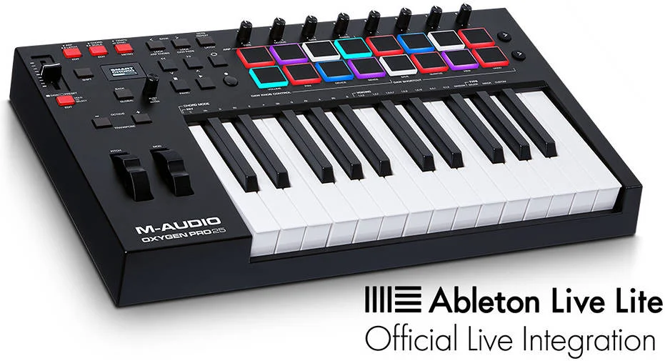 M-Audio Oxygen Pro 25، کنترلر کیبورد 25 کلیدی، کلیدهای نیمه سنگین حساس به فشار، مناطق قابل تنظیم، 8 ناب، 16 پد، 5 پین، تغذیه از طریق USB، بسته نرم افزاری شامل | OXYGENPRO25