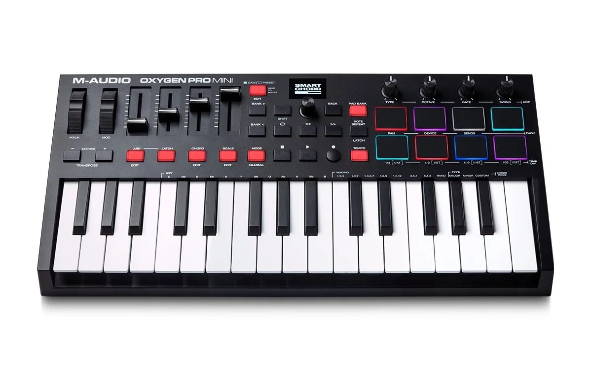 M-Audio Oxygen Pro Mini, 32 Key USB MIDI Keyboard Controller With Beat Pads, MIDI assignable Knobs, Buttons & Faders and Software Suite Included | OXYGENPROMINI
