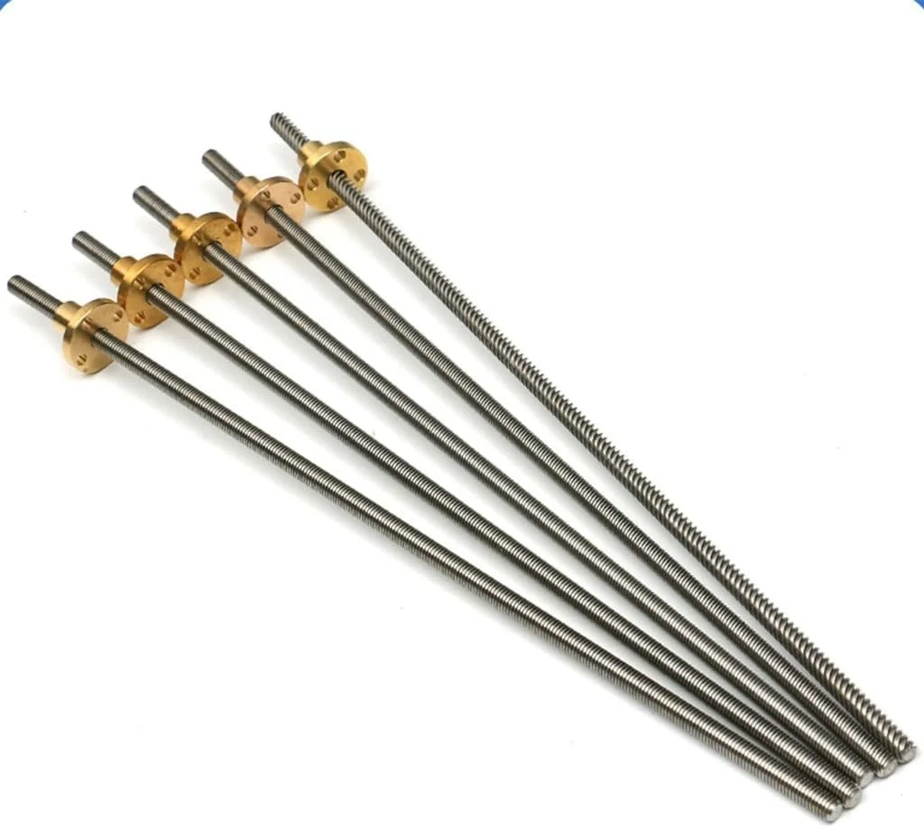 پیچ سربی T6 پرینتر سه بعدی، گام 1mm 2mm لید 4mm/6mm/12mm طول 100mm -600mm پیچ ذوزنقه ای فولاد ضد زنگ با مهره مسی، 1 عدد (رنگ: گام 2 لید 12mm، اندازه: 200mm)(گام 1mm لید 4mm، گام