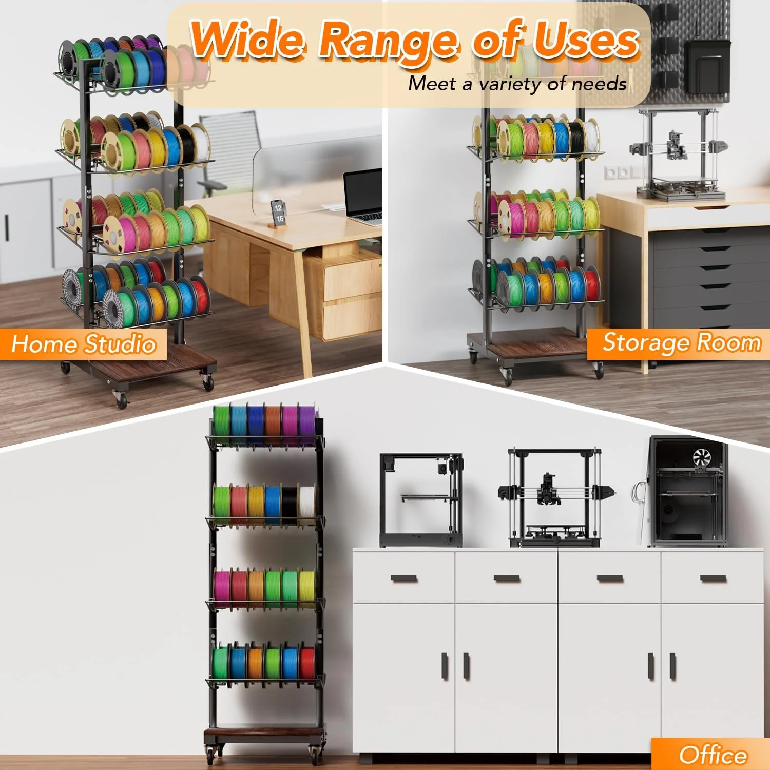 قفسه نگهداری فیلامنت پرینتر سه بعدی - سازمان دهنده مدولار 4 طبقه با چرخ برای قرقره های PLA، ABS، TPU - ظرفیت بزرگ، طراحی ضد گرد و غبار - نگهدارنده فیلامنت صرفه جویی در فضا لوازم جانبی پرینتر سه بعدی سنگین