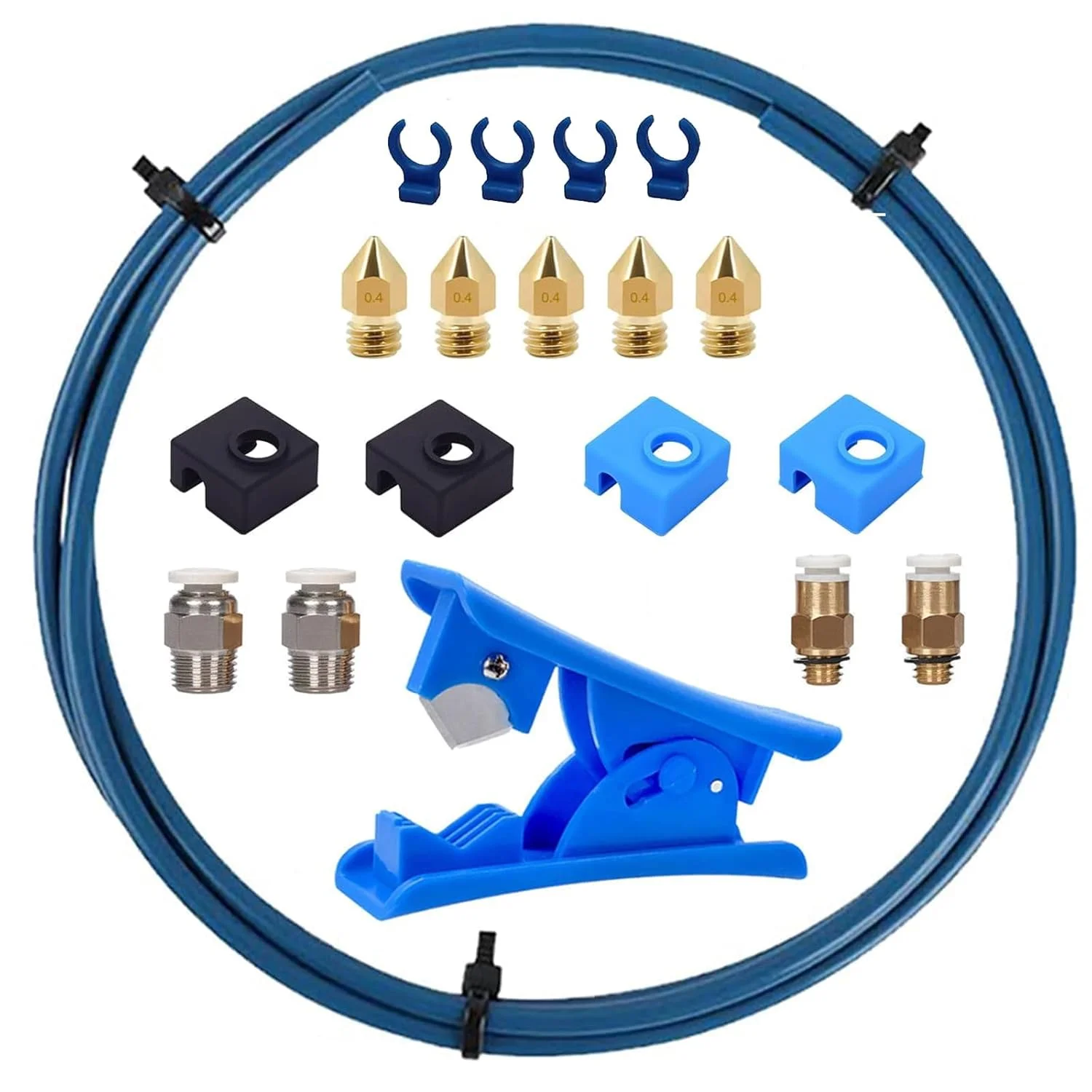 کیت لوله بوودن پرینتر سه بعدی 1.75 میلی متری، لوله تفلون PTFE یک متری با اتصالات پنوماتیک PC4-M6 و PC4-M10، کاتر لوله، نازل های MK8، آستین های سیلیکونی برای ارتقاء پرینتر سه بعدی