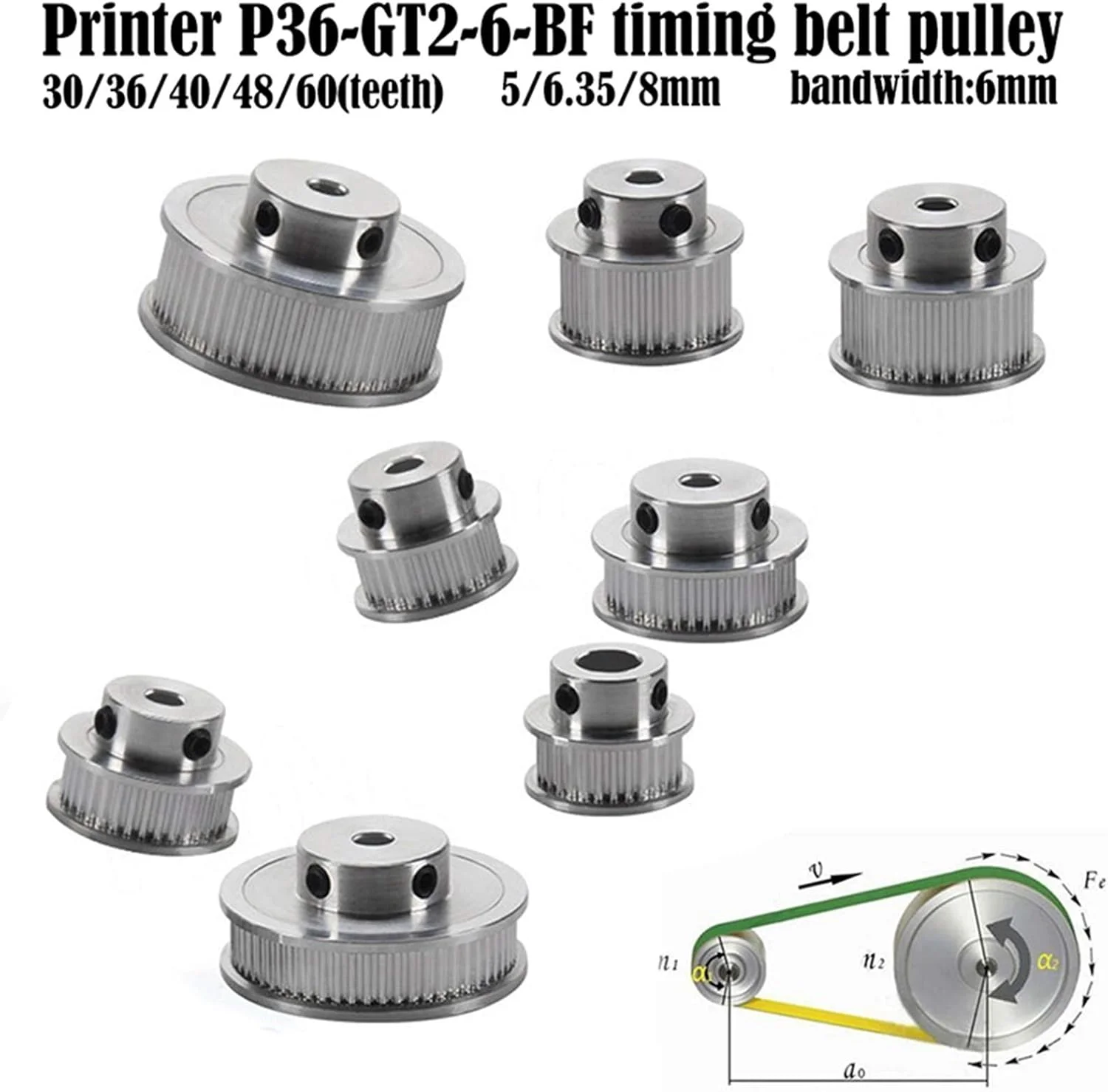 پولی تایمینگ آلومینیومی GT2 جینچائو 2 عددی با 30/36/40/48/60 دندانه، سوراخ داخلی 5 میلی متر 8 میلی متر، عرض دندانه 6 میلی متر، قطعات و لوازم جانبی پرینتر سه بعدی 2GT با دقت موقعیت یابی