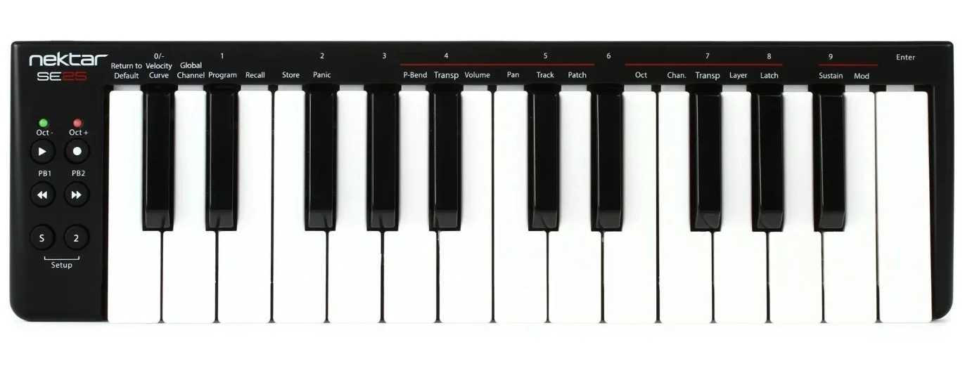 کیبورد کنترلر مینی USB نکتار SE25، دارای 25 کلید کوچک حساس به velocity، 3 منحنی velocity (پیش‌فرض، نرم، سخت)، 6 دکمه: اکتاو بالا/پایین، PB1/PB2، Sustain، Part 2 | SE25