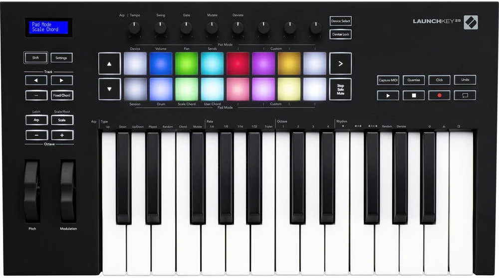 کیبورد کنترلر MIDI یکپارچه Novation Launchkey 25 MK3، 25 کلید حساس به ضربه، حالت آکورد ثابت، دکمه های انتقال، سازگاری با Mac / Windows، iOS، سیاه - سفید | 25 MK3