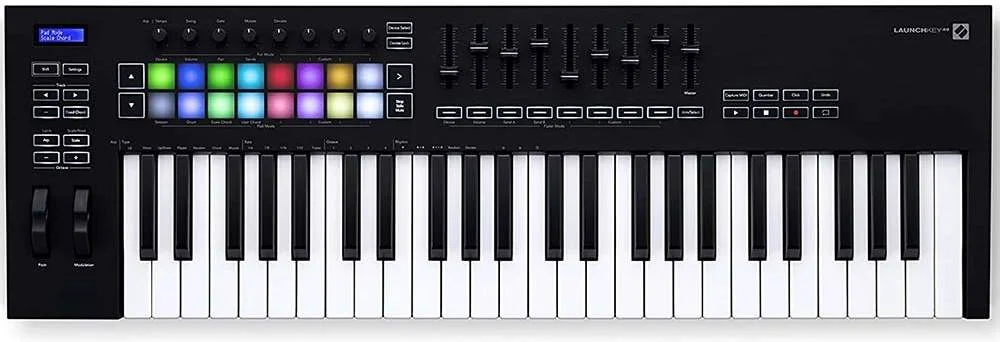 کنترلر میدی کیبورد Novation Launchkey 49 MK3، یکپارچگی بی‌نقص با Ableton Live، حالت آکورد/گام، آرپژیاتور، چرخ‌های Pitch Bend و Modulation، 8 ناب چرخشی، سیاه/سفید | 49 MK3