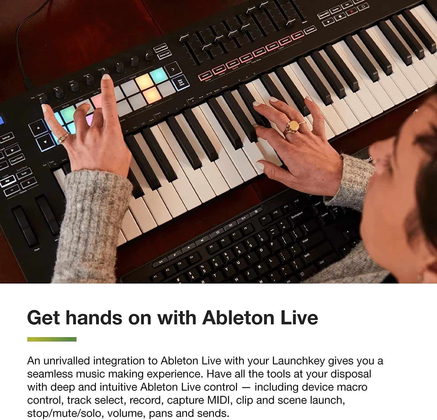 کنترلر میدی کیبورد Novation Launchkey 49 MK3، یکپارچگی بی‌نقص با Ableton Live، حالت آکورد/گام، آرپژیاتور، چرخ‌های Pitch Bend و Modulation، 8 ناب چرخشی، سیاه/سفید | 49 MK3
