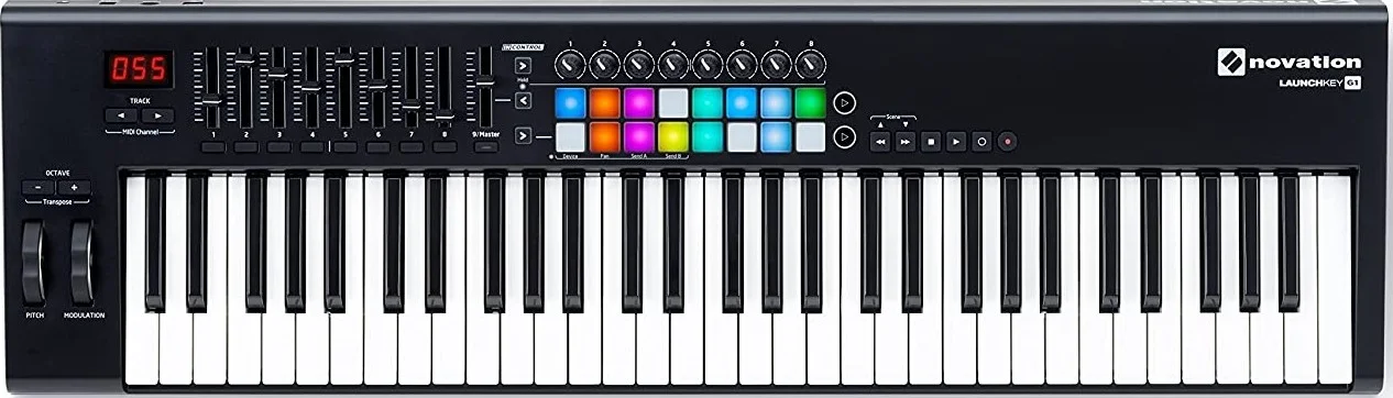 کنترلر کیبورد USB با 61 کلید Novation Launchkey برای Ableton Live، 8 دکمه کنترلی + پیچ و ماژول، نه فیدر 1.8 اینچی، خروجی DIN MIDI، ورودی پدال ساستین 1/4 اینچی، مشکی | Launchkey 61MK3