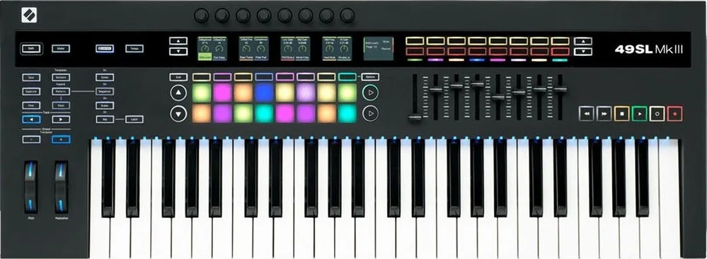 کنترلر میدی کیبورد Novation SL MKIII با سکوئنسر، 49 کلاویه نیمه سنگین حساس به velocity، 2 مجموعه خروجی CV/Gate و Mod، 16 پد RGB با نور پس زمینه حساس به velocity، 5 صفحه نمایش RGB LCD | SL49-MK3