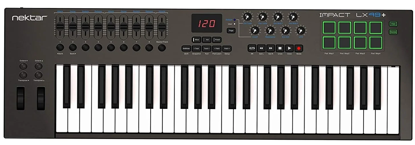 Nektar Impact LX49+ USB MIDI Keyboard Controller with DAW Integration, 49 note (61 on LX61+) velocity-sensitive synth-action keyboard, 4 velocity curves + 3 fixed | LX49+