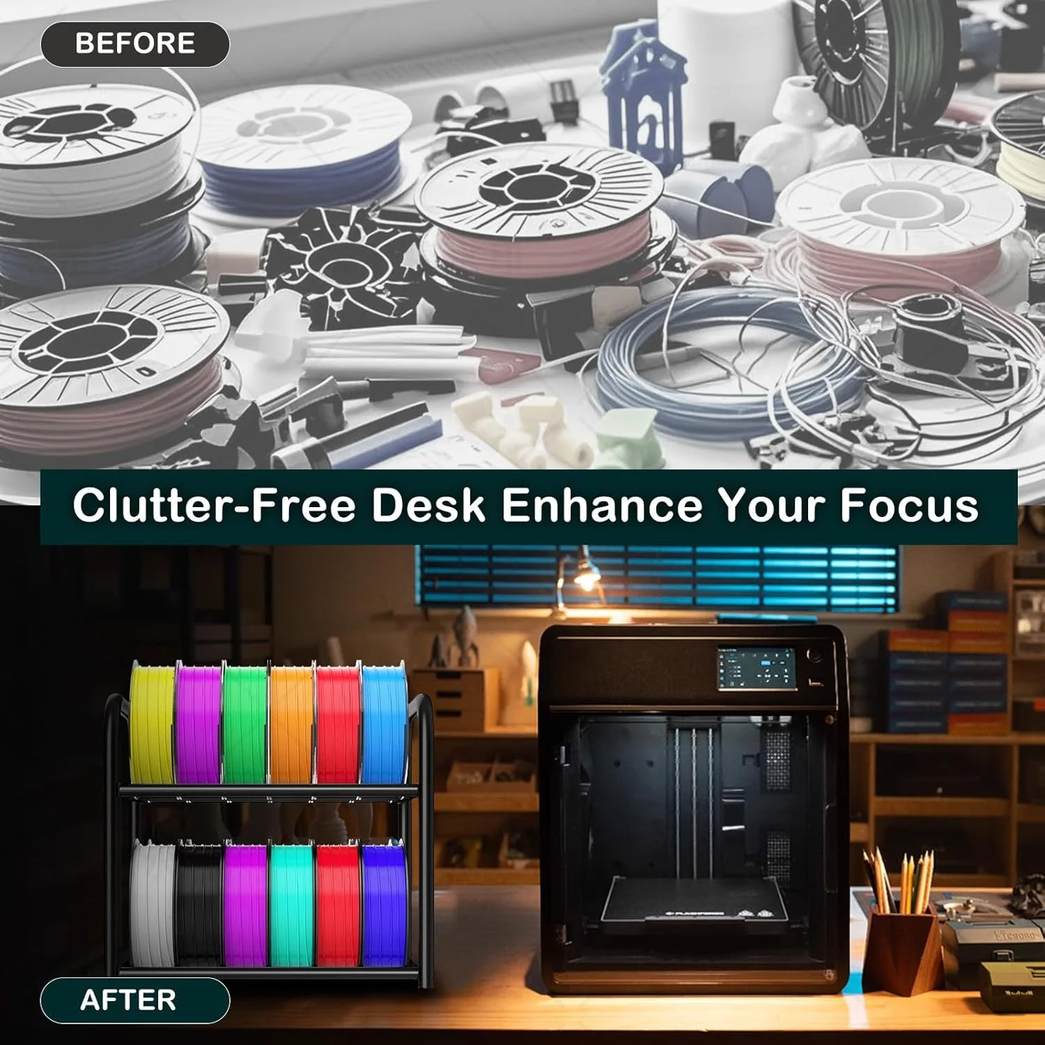 قفسه فلزی دو طبقه برای نگهداری فیلامنت، چرخ دستی جمع و جور با قابلیت تنظیم برای قرارگیری زیر میز، مناسب برای نگهداری بیش از 24 قرقره فیلامنت PLA/ABS/TPU، برای خانه، کارگاه اداری، استودیو