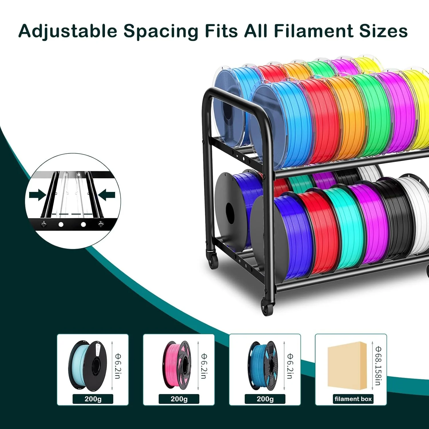 قفسه فلزی دو طبقه برای نگهداری فیلامنت، چرخ دستی جمع و جور با قابلیت تنظیم برای قرارگیری زیر میز، مناسب برای نگهداری بیش از 24 قرقره فیلامنت PLA/ABS/TPU، برای خانه، کارگاه اداری، استودیو