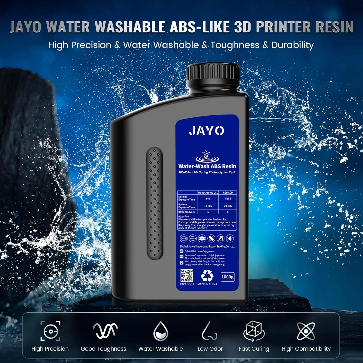 رزین آب‌شور ABS-Like خاکستری تیره JAYO، 3 کیلوگرم، رزین پرینتر سه بعدی UV-Curing 405 نانومتری، چقرمگی و مقاومت در برابر ضربه بالا، شستشوی آسان با آب، انقباض کم، سازگار با پرینترهای LCD/DLP/SLA