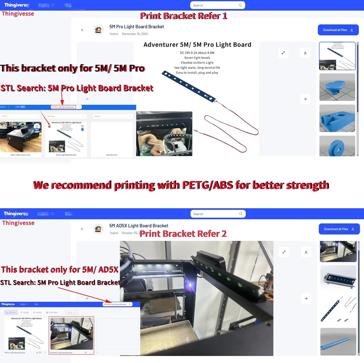 لوازم جانبی پرینتر سه بعدی Adventurer 5M/ 5M Pro 24V برد چراغ LED جایگزین: مهره های لامپ 7 عددی با کابل نوار نور سفید سرد انعطاف پذیر - افزایش روشنایی محفظه AD5M