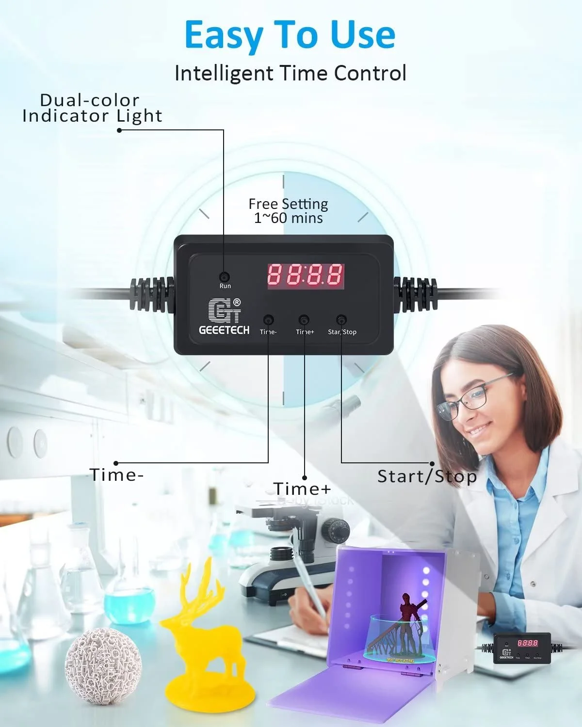 جعبه کیورینگ رزین UV جی‌تک با صفحه گردان 360 درجه، ایستگاه نور کیورینگ UV 405 نانومتری برای مدل‌های UV، کنترل زمان هوشمند، مناسب برای SLA/DLP/LCD
