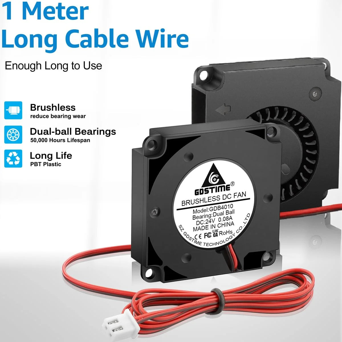 فن دمنده GDSTIME 40mm x 10mm 4010، بلبرینگ دوگانه 24 ولت، فن خنک کننده قطعات هات‌اند براشلس DC 24 ولت، ارتقاء Ender 3، 2 پین با سیم 3.3 فوتی برای پرینتر سه بعدی Ender 3 V3 KE Ender 5 Pro CR-6 SE، بسته 2 عددی