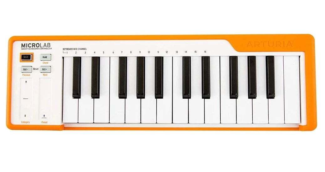 کنترلر USB-MIDI جمع و جور Arturia MicroLab، 25 کلید مینی حساس به ضربه، دکمه های اکتاو بالا/پایین، دکمه Hold (Sustain) + عملکرد آکورد، نارنجی | 230513