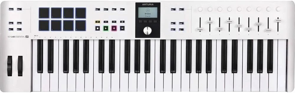 کنترلر MIDI آرتوریا Keylab Essential 49 MK3، نمایشگر LCD 2.5 اینچی، 9 فیدر 30 میلی‌متری، حساس به velocity، 9 رمزگذار چرخشی، خروجی MIDI 5 پین DIN، سفید | Keylab Essential 49 MK3-سفید