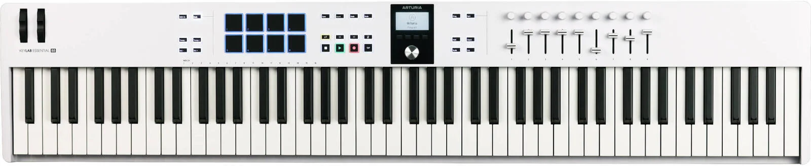 کنترلر میدی کیبورد Arturia KeyLab Essential 88 MK3 - اکشن نیمه سنگین 88 کلید سایز کامل، صفحه نمایش LCD 2.5 اینچی، ادغام با Analog Lab V، پدها، فیدرها و مجموعه نرم افزاری جامع، سفید | 231541