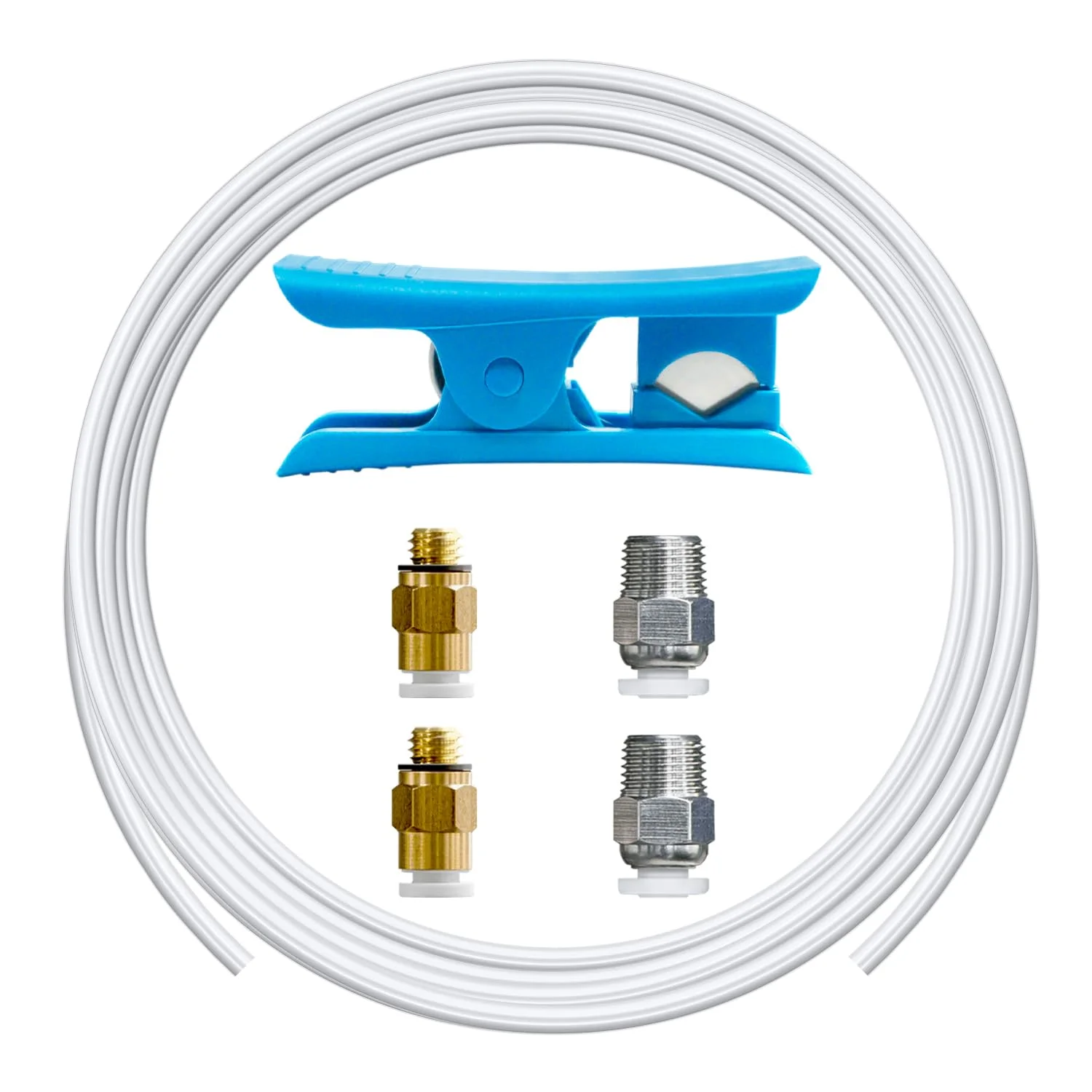 کیت لوله تفلون PTFE به طول 5 متر (16.4 فوت)، قطر داخلی 2.5 میلی‌متر، قطر خارجی 4 میلی‌متر برای فیلامنت 1.75 میلی‌متری، مناسب برای اکسترودر دایرکت درایو پرینتر سه بعدی، به همراه کاتر لوله، 4 عدد اتصالات پنوماتیک M6 و 4 عدد M10، برای Bambu lab AMS/K1/Prusa MMU3