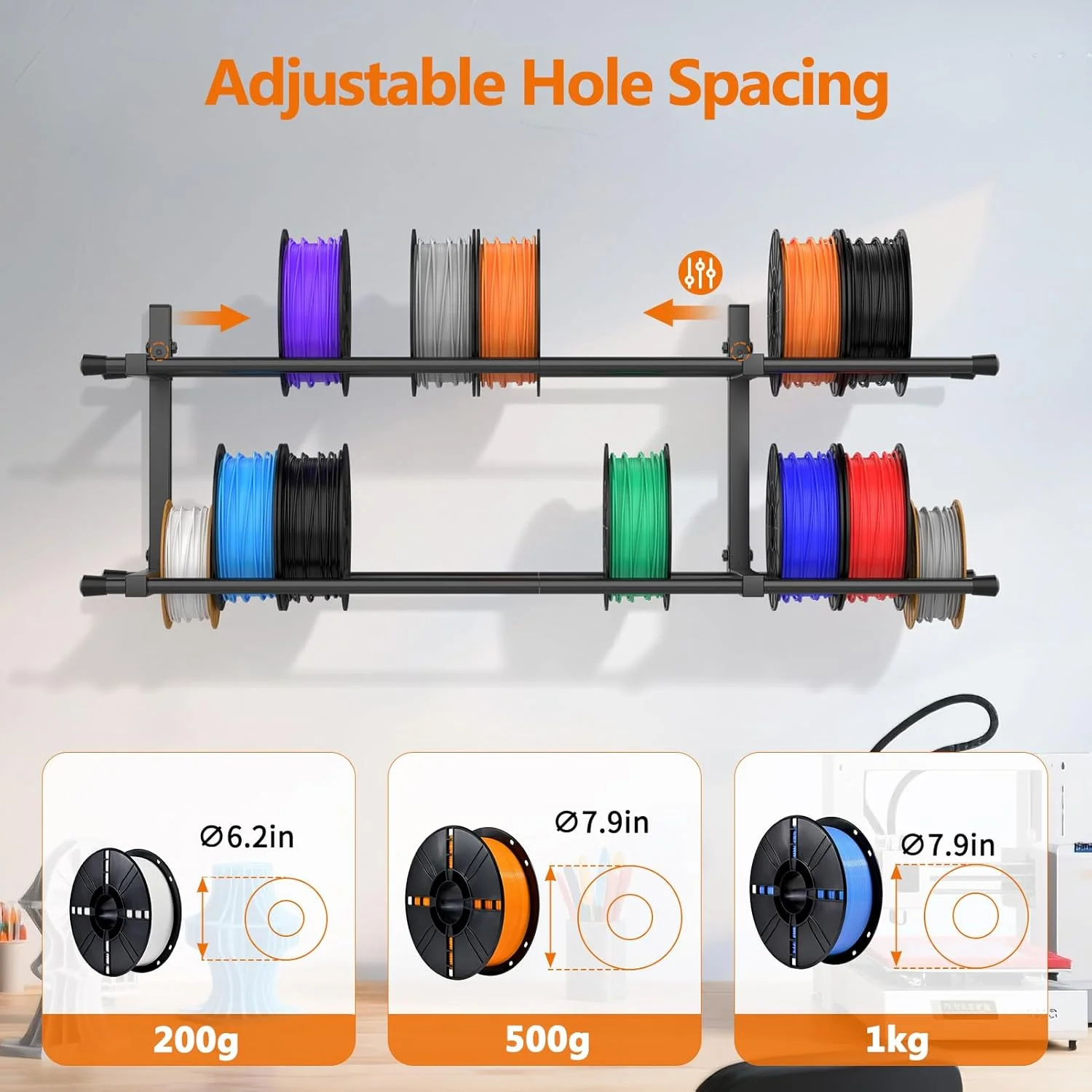 قفسه دیواری نگهدارنده فیلامنت پرینتر سه بعدی، قفسه فلزی تاشو و مقاوم با فاصله سوراخ قابل تنظیم برای فیلامنت های TPU/ABS/Nylon، لوازم جانبی پرینتر سه بعدی برای استودیوها، گاراژها، کارگاه ها