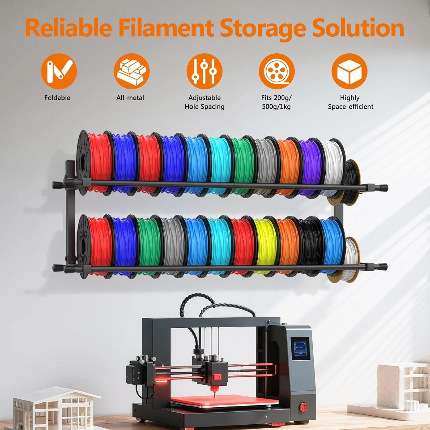 قفسه دیواری نگهدارنده فیلامنت پرینتر سه بعدی، قفسه فلزی تاشو و مقاوم با فاصله سوراخ قابل تنظیم برای فیلامنت های TPU/ABS/Nylon، لوازم جانبی پرینتر سه بعدی برای استودیوها، گاراژها، کارگاه ها