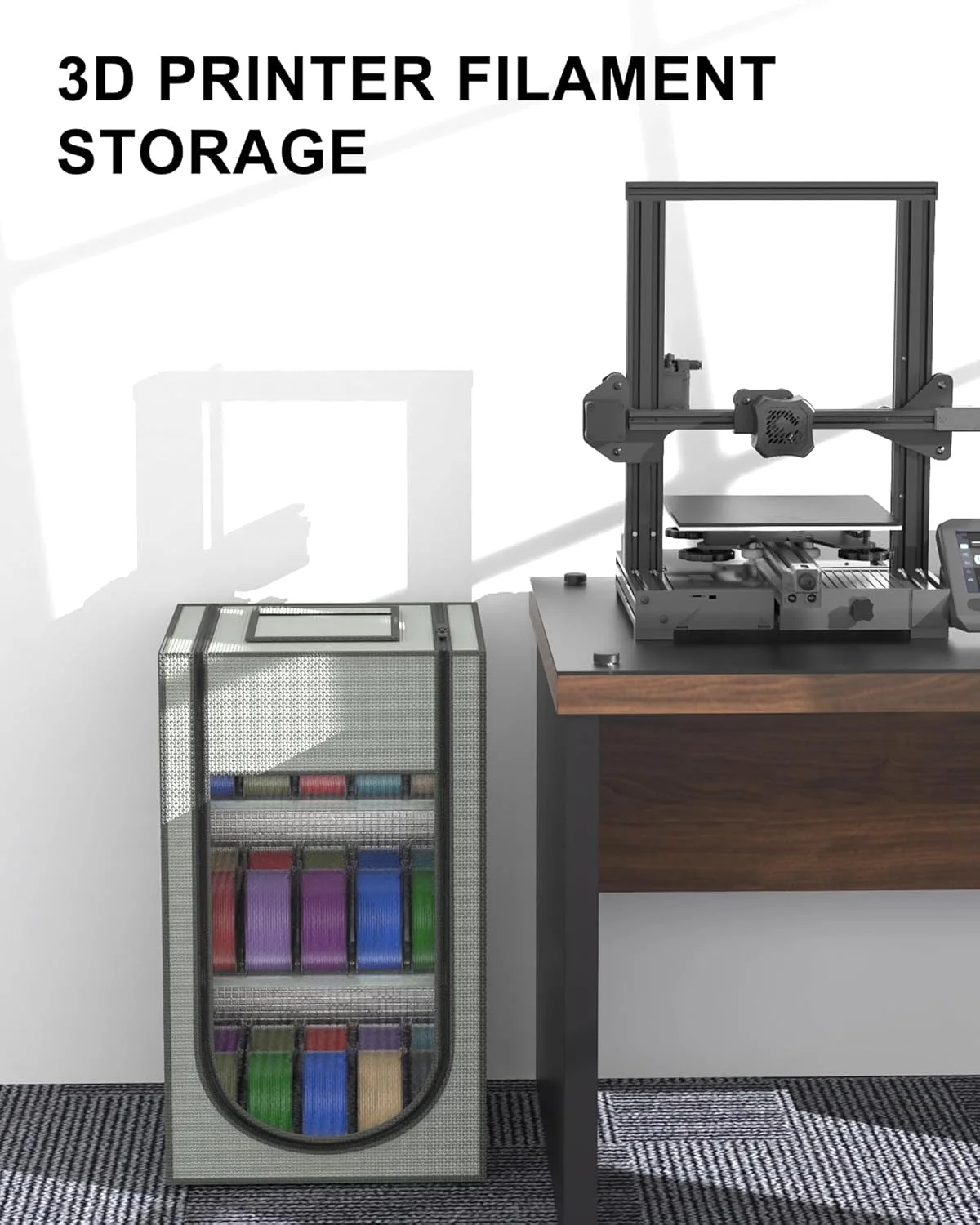 قفسه نگهداری فیلامنت پرینتر سه بعدی با روکش چرمی آکسفورد، جعبه نگهداری فیلامنت سه بعدی ضد رطوبت سه طبقه، براکت قابل تنظیم برای قرار دادن انواع فیلامنت سه بعدی