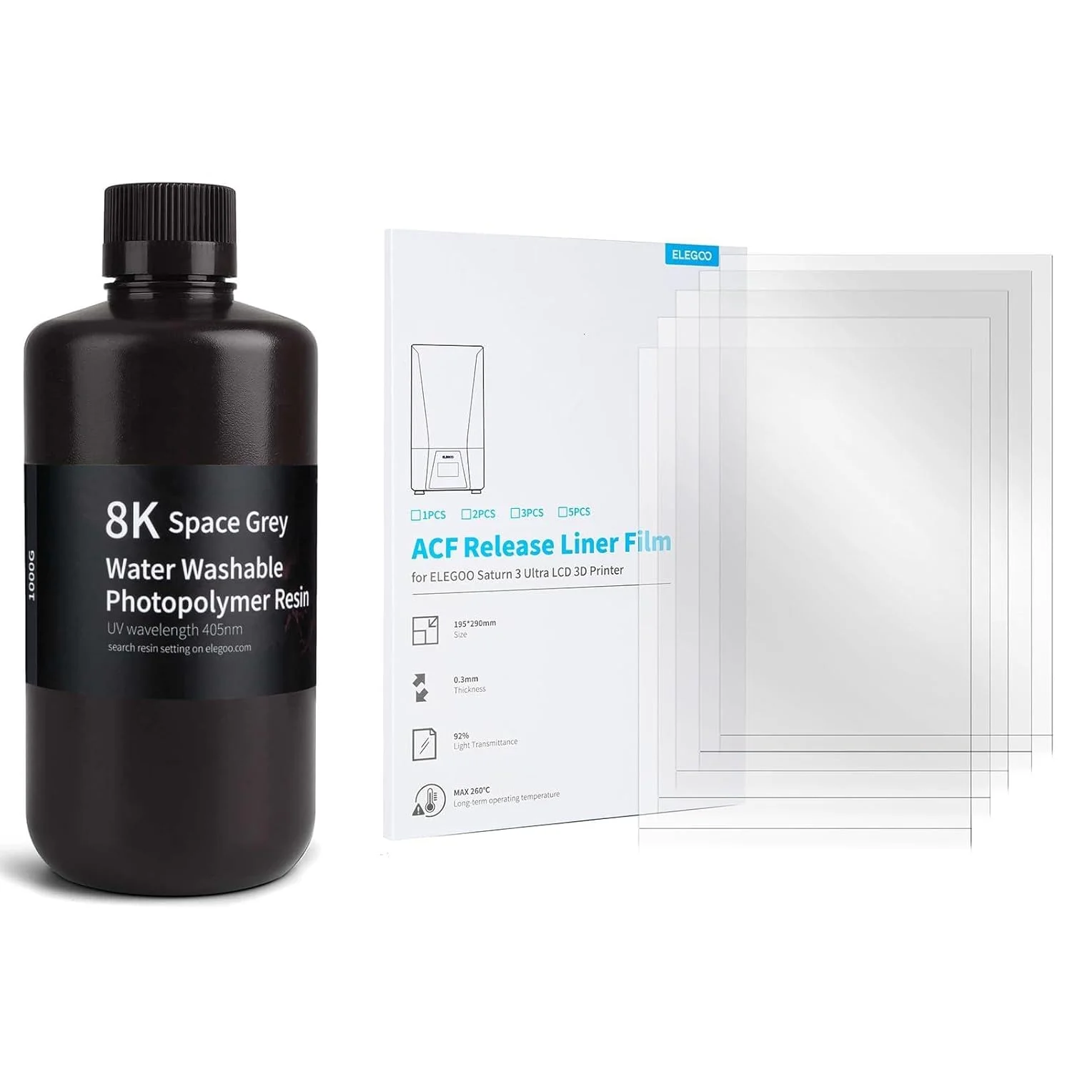 رزین پرینتر سه بعدی 8K قابل شستشو با آب ELEGOO خاکستری فضایی 1000 گرم و 5 عدد فیلم رهاساز ACF برای پرینتر سه بعدی LCD Saturn 3 Ultra