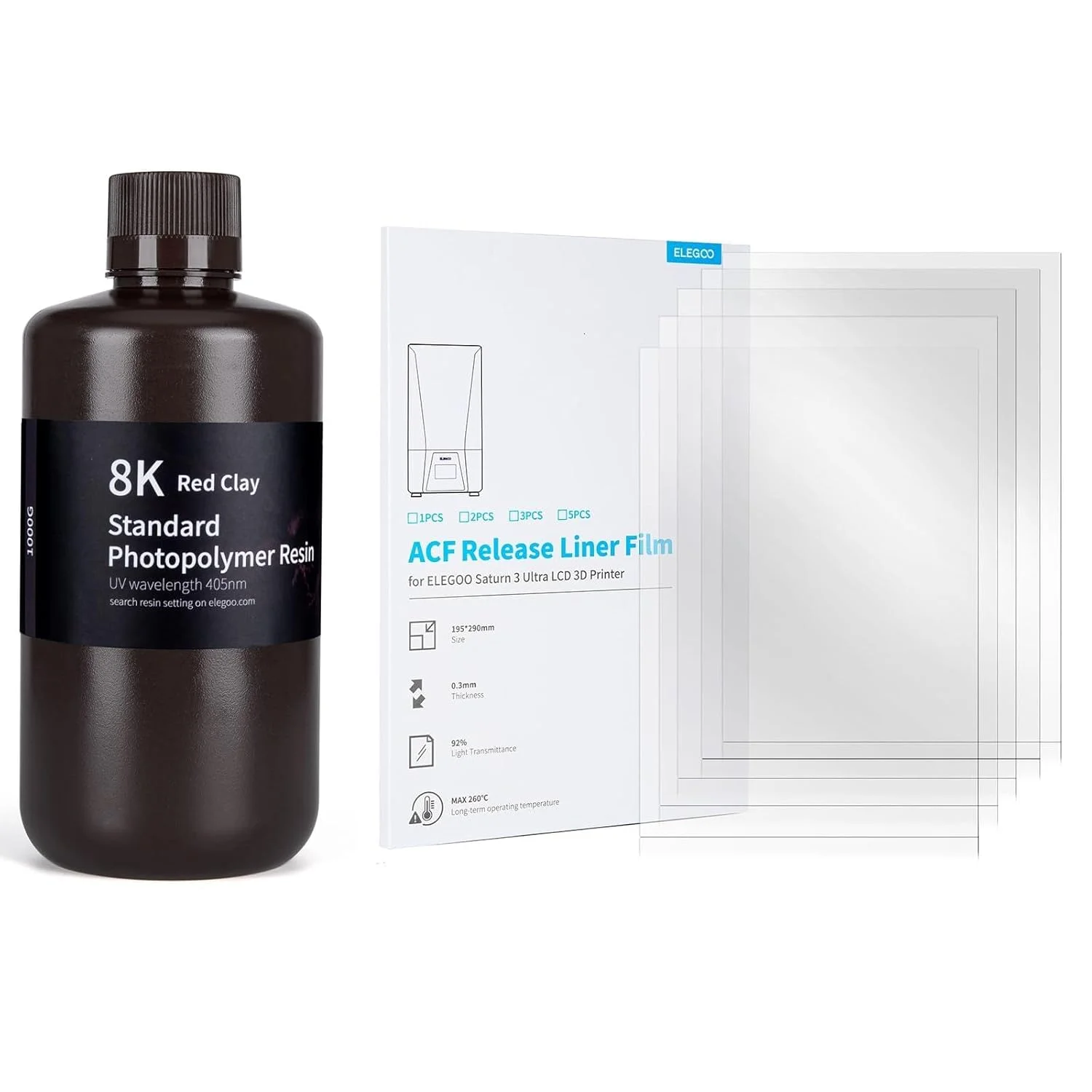 رزین فوتوپلیمر استاندارد 8K ELEGOO مناسب پرینتر سه بعدی، رنگ خاک رس قرمز، 1000 گرم و 5 عدد فیلم رهاساز ACF برای پرینتر سه بعدی LCD مدل Saturn 3 Ultra