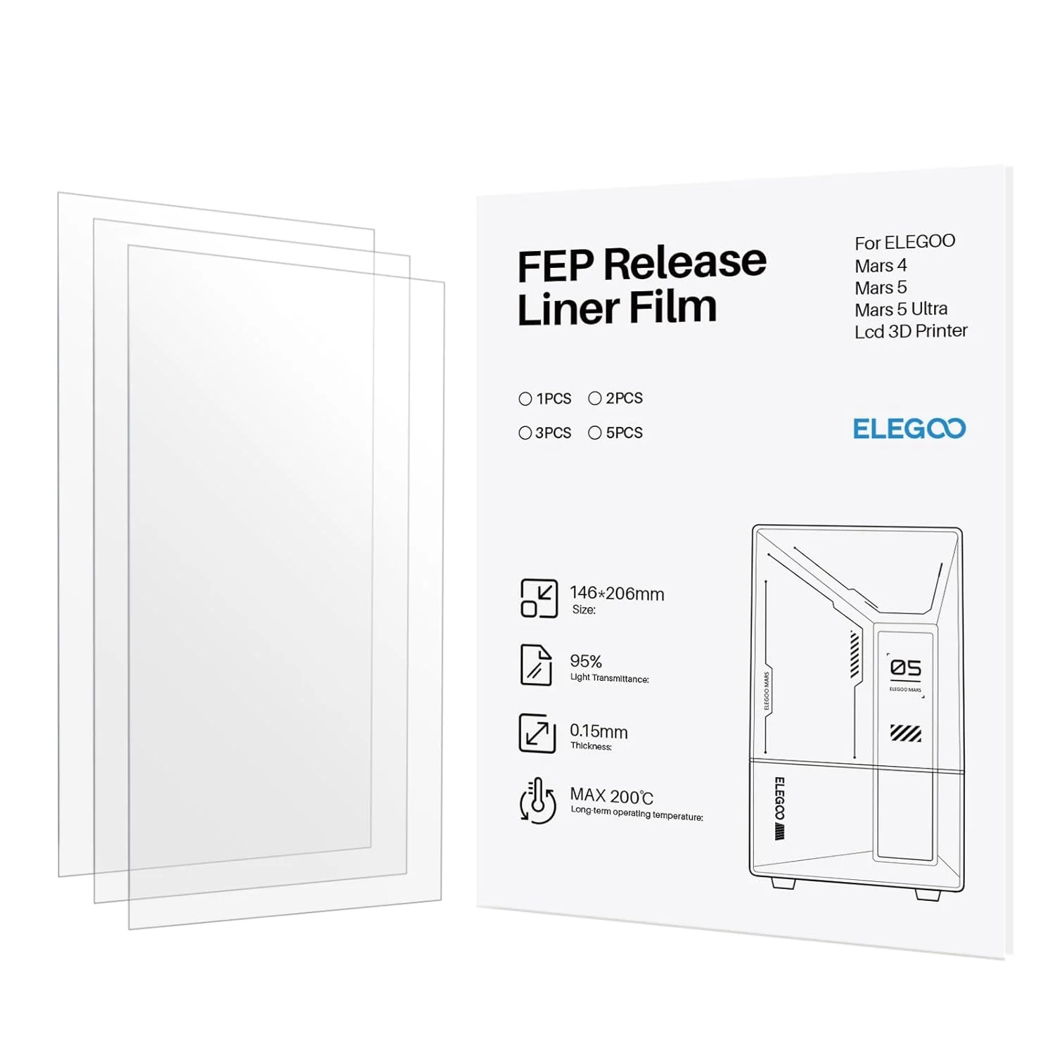 فیلم رهاساز FEP ELEGOO، بسته 3 عددی، مناسب برای پرینترهای سه بعدی رزینی ELEGOO Mars 4، Mars 5 و Mars 5 Ultra، ابعاد 206mm*146mm، ضخامت 0.15mm