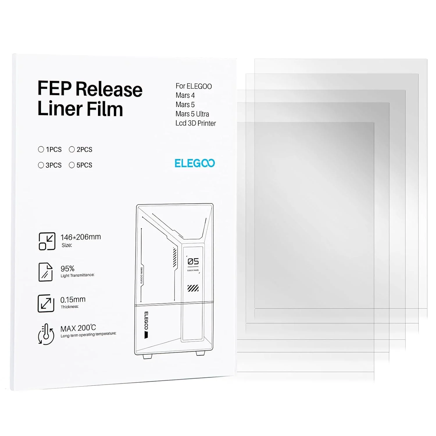 فیلم رهاسازی FEP ELEGOO، بسته 5 عددی، مناسب پرینترهای رزینی سه بعدی Mars 4، Mars 5 و Mars 5 Ultra با 95% عبور نور، ابعاد 206 * 146 میلی متر، ضخامت 0.15 میلی متر