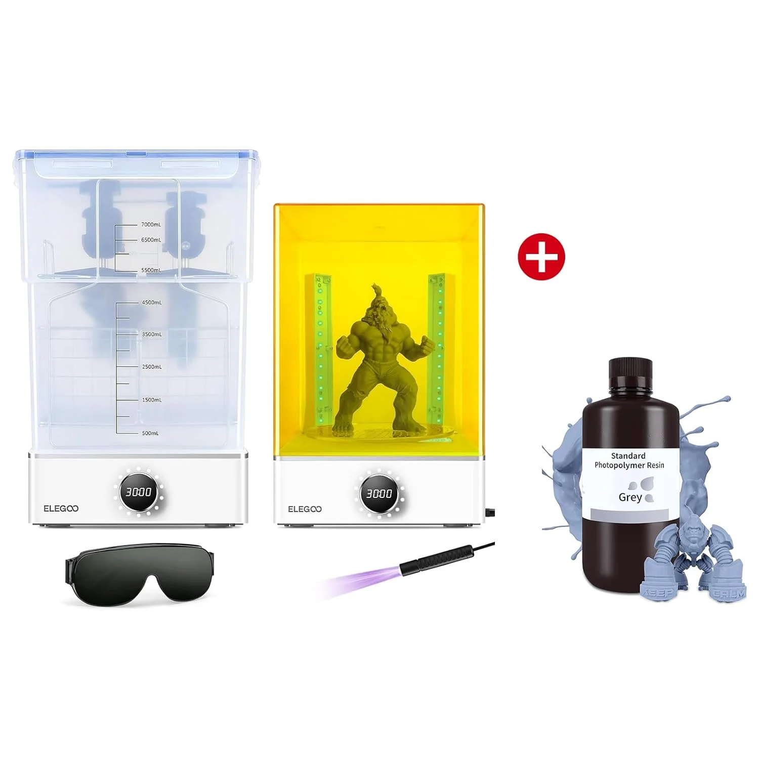 مجموعه شستشو و کیور ELEGOO Mercury XS به همراه رزین فوتوپلیمر خاکستری استاندارد ELEGOO 1000 گرمی